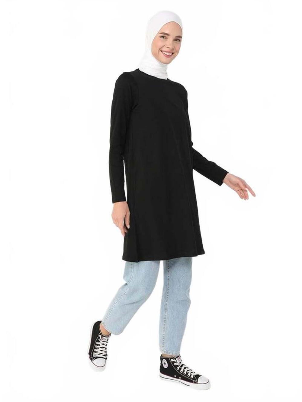 Black Long Sleeve Modest Tunic Top, Size - S
